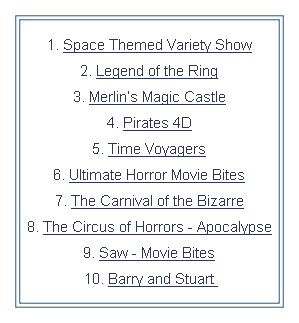 
1. Space Themed Variety Show
2. Legend of the Ring
3. Merlin’s Magic Castle
4. Pirates 4D
5. Time Voyagers
6. Ultimate Horror Movie Bites
7. The Carnival of the Bizarre
8. The Circus of Horrors - Apocalypse
9. Saw - Movie Bites
10. Barry and Stuart 